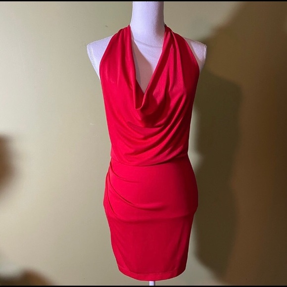 BCBG Beautiful Red Halter Mini Dress Size Small Cowl Neckline T-Back  Like New S - Picture 2 of 10